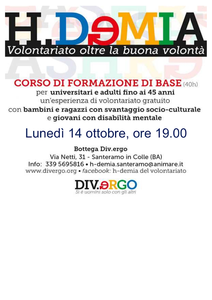 Locandina Hdemia corso di formazione al Volontariato 2019