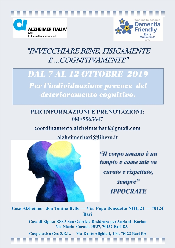 Locandina Invecchiare bene fisicamente e cognitivamente screening cognitivo 2019 Alzheimer Bari