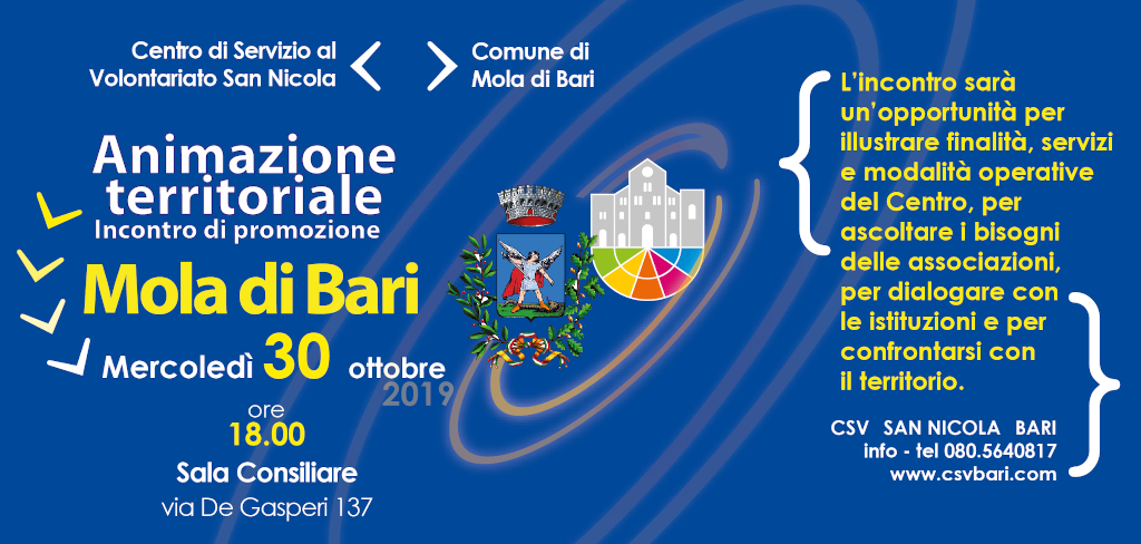 invito Animazione Territoriale - Incontro di Promozione CSVSN MOLA DI BARI 2019