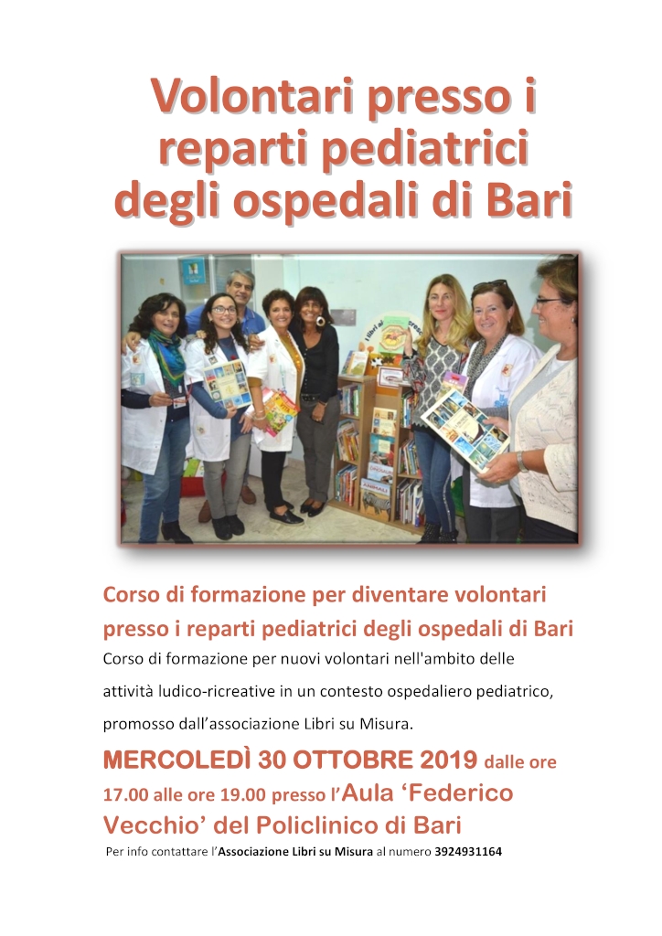 locandina Corso per diventare volontari presso reparti pediatrici LIBRI SU MISURA 2019