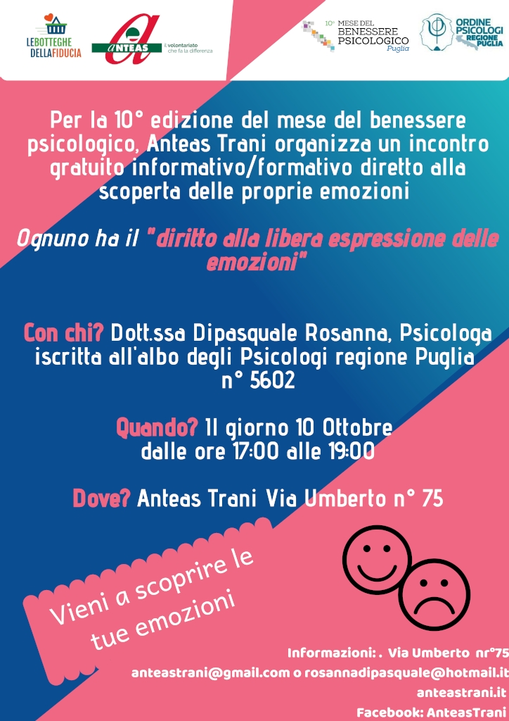 locandina Ognuno ha il diritto alla libera espressione delle emozioni Anteas Trani 2019