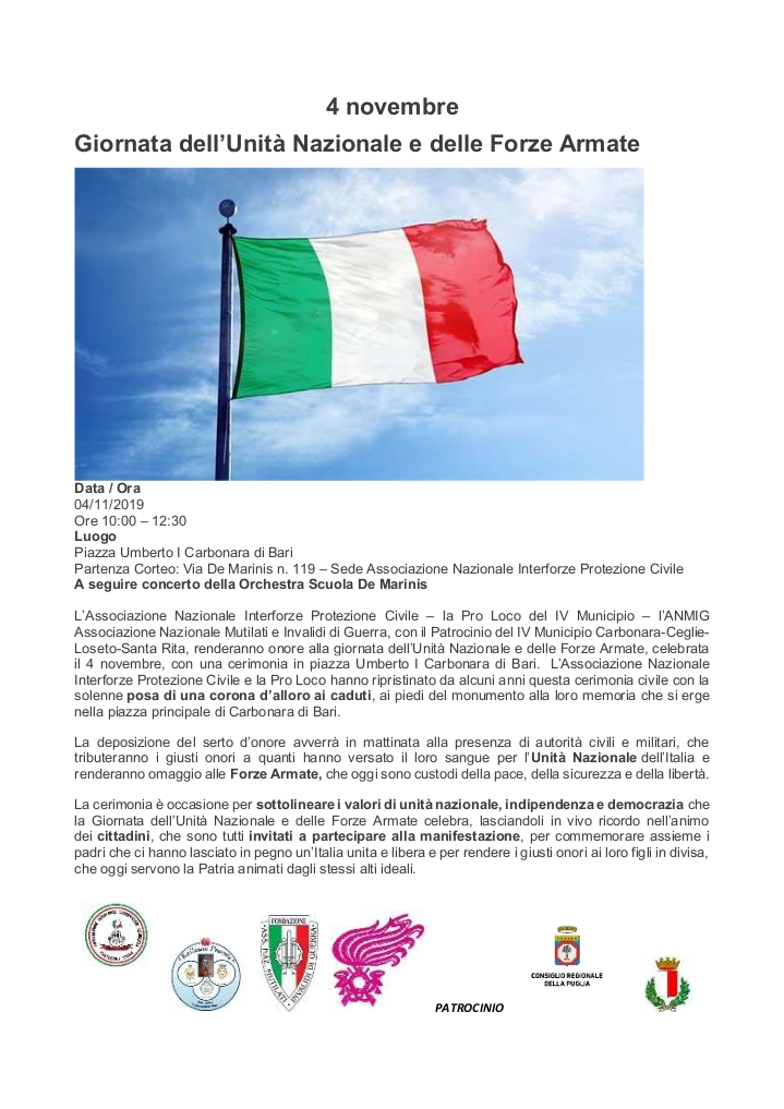 programma Cerimonia civile del 4 Novembre festa dell’Unità Nazionale e delle Forze Armate AIOS