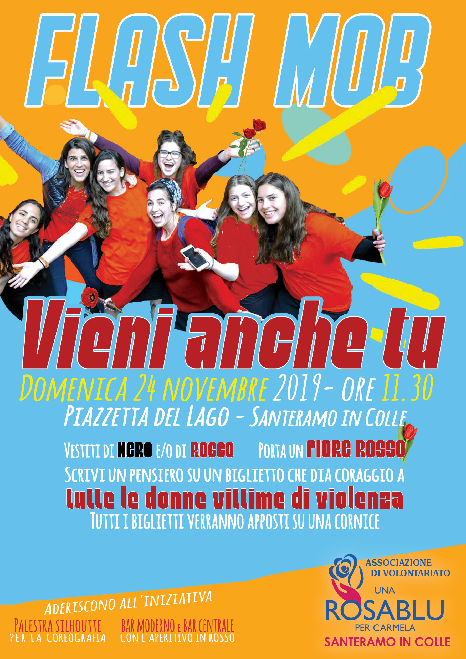 Locandina Flash Mob per tutte le donne vittime di violenza - novembre 2019- Una Rosa blu per Carmela