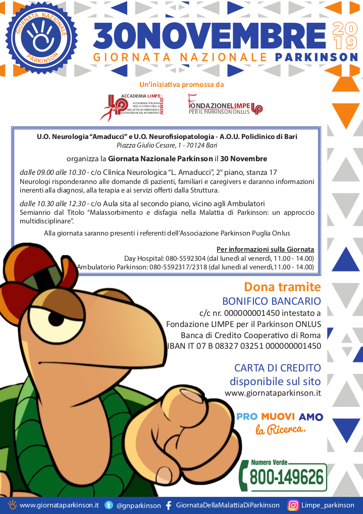 locandina Giornata Nazionale Parkinson Ospedale Policlinico Bari - Novembre 2019