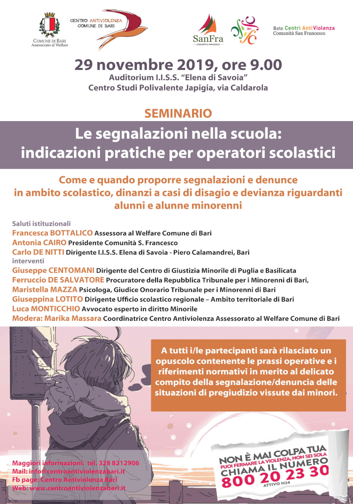 locandina Le segnalazioni nelle scuole - Centro antiviolenza Bari