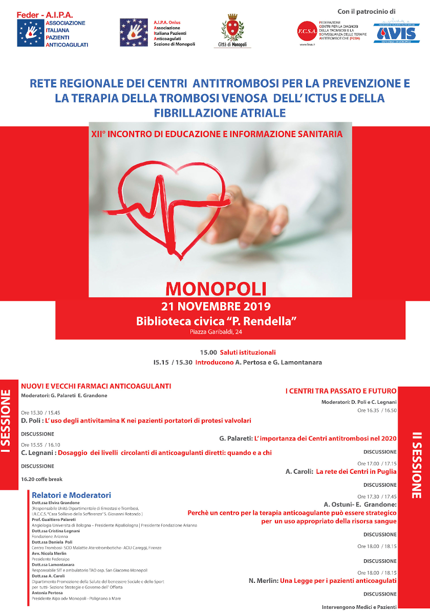 locandina convegno Rete regionale centri antitrombosi AIPA 21.11.2019