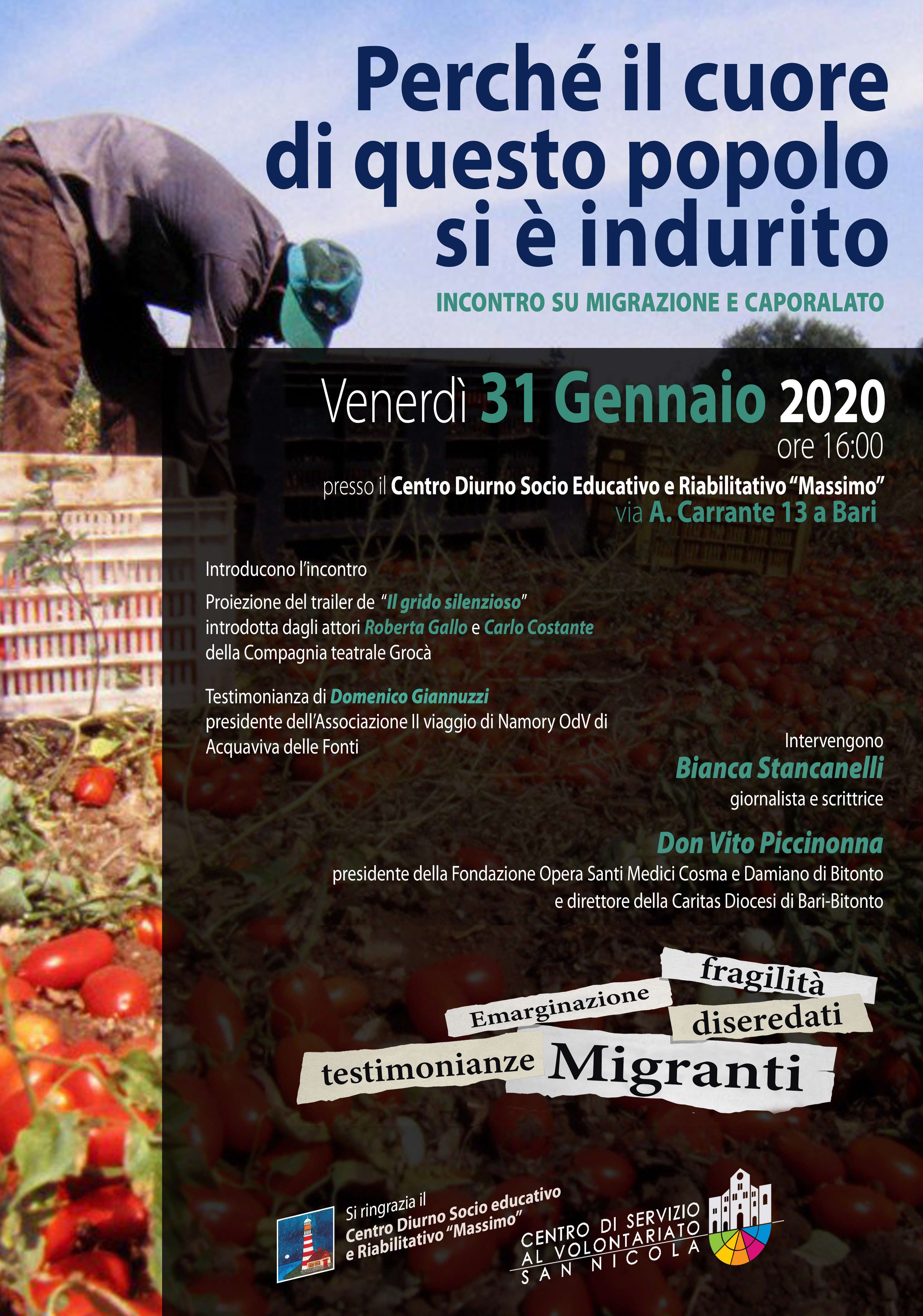 Locandina Perché il cuore di questo popolo si è indurito - incontro su migrazione e caporalato