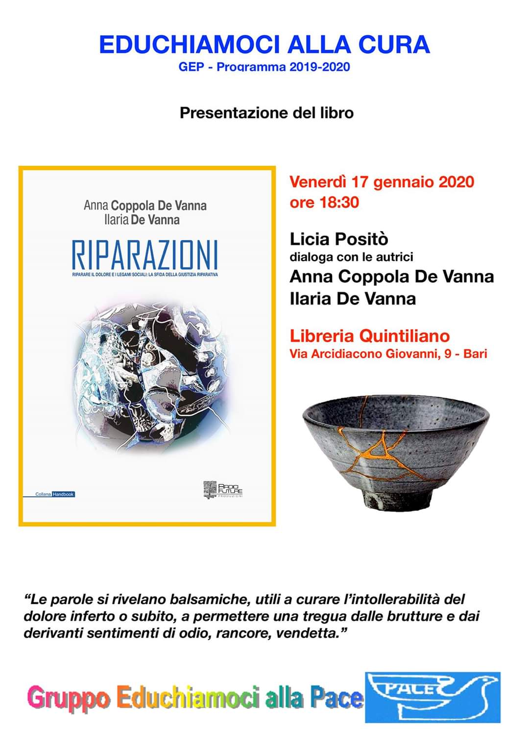 locandina presentazione libro Riparazioni - Giustizia riparativa - Associazione GEP gennaio 2020