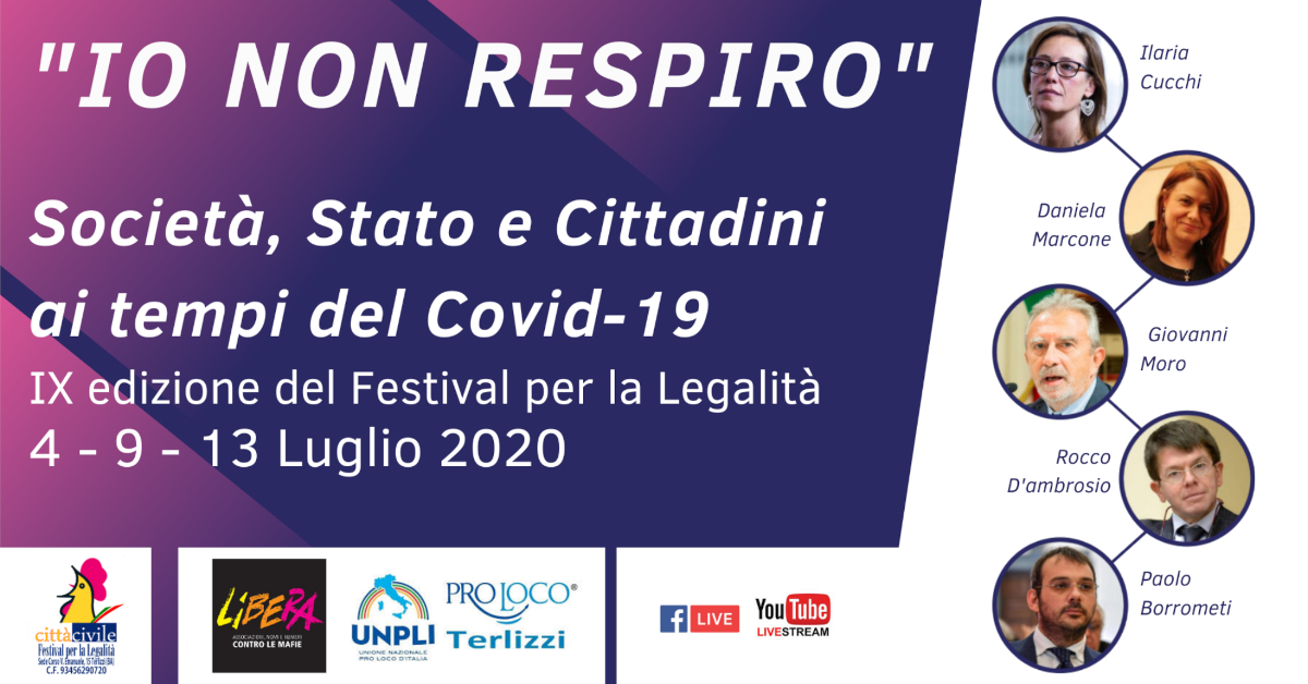 Banner Io non respiro Società Stato e Cittadini ai tempi del Covid-19 - Festival per la Legalità Terlizzi 2020