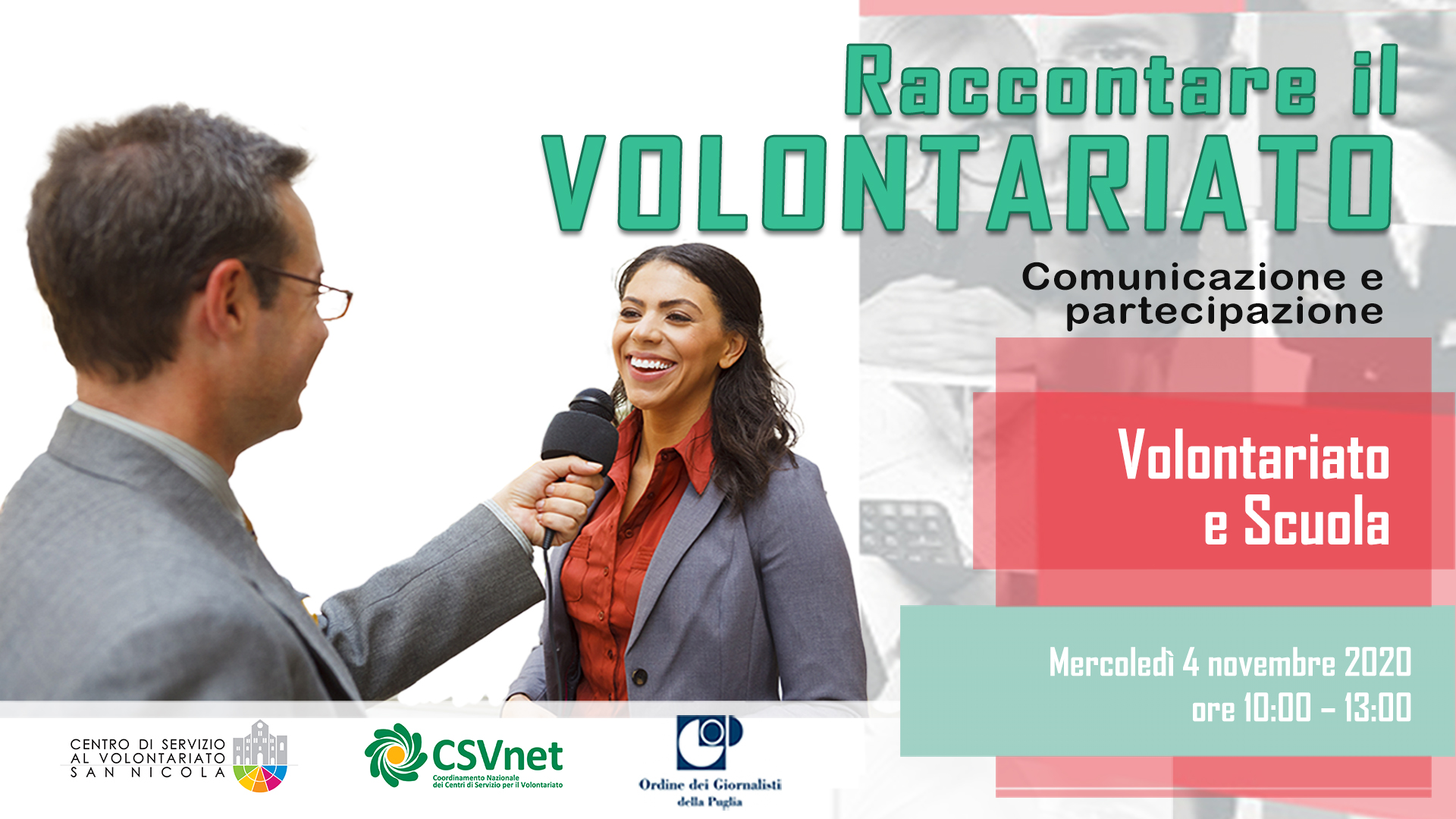 Banner Volontariato e Scuola - Raccontare il Volontariato - Comunicazione e partecipazione - CSV San Nicola CSVnet Ordine dei Giornalisti della Puglia