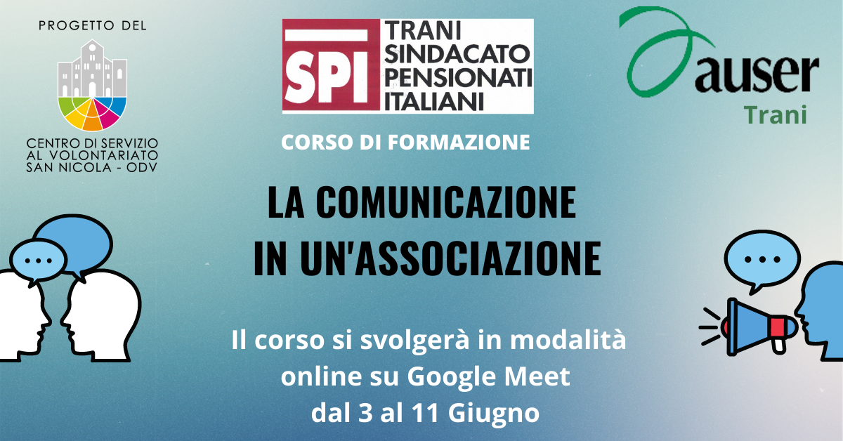 Banner Formazione indiretta CSV San Nicola Auser Trani La comunicazione in un'Associazione