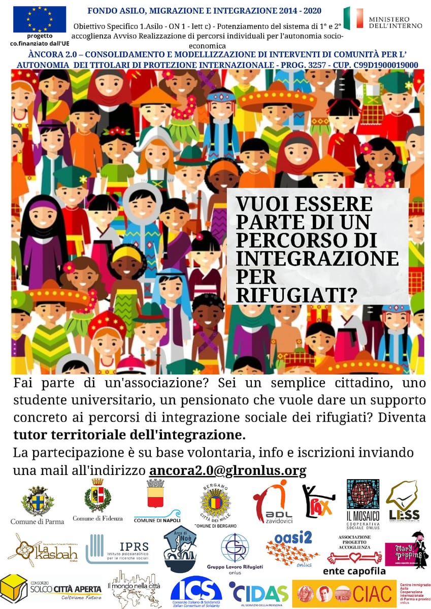 Flyer Tutor territoriali per rifugiati progetto Ancora GLR Gruppo lavoro rifugiati 2021r