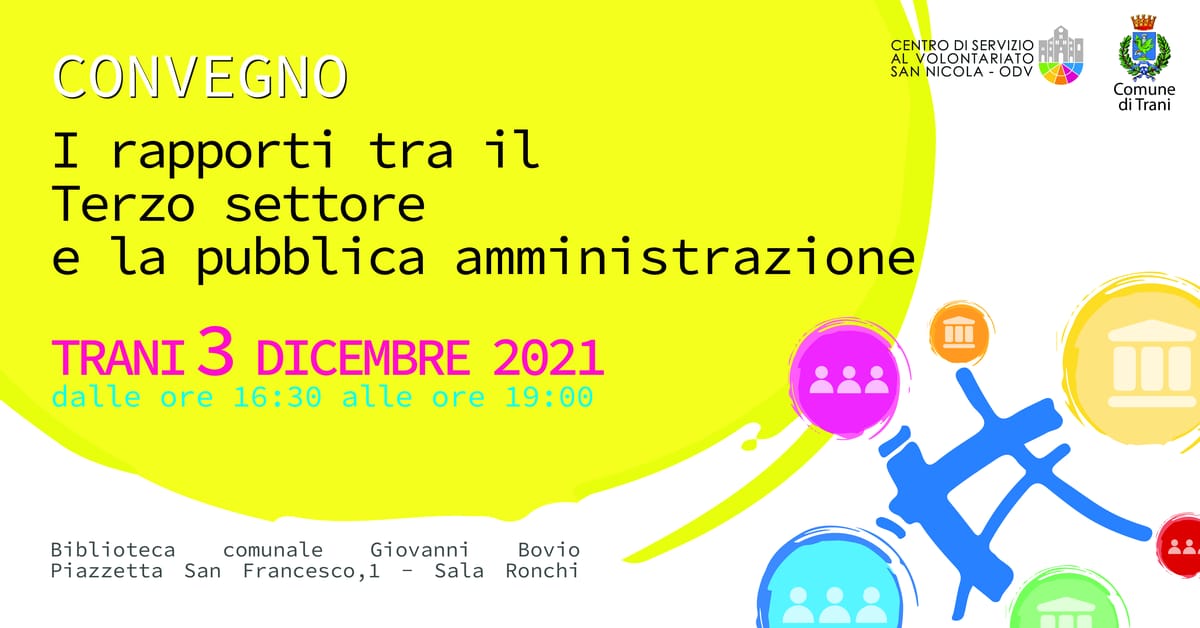 Banner convegno Rapporti Terzo settore Pubblica amministrazione CSVSN Comune Trani 2021