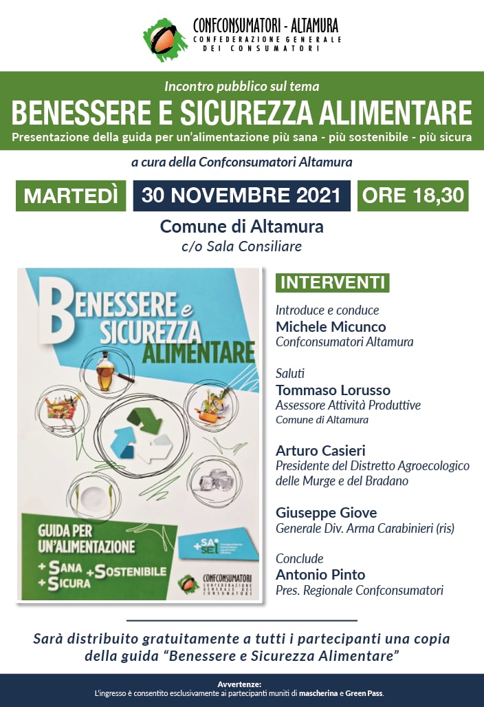 Locandina Benessere e sicurezza Alimentare Confconsumatori Altamura