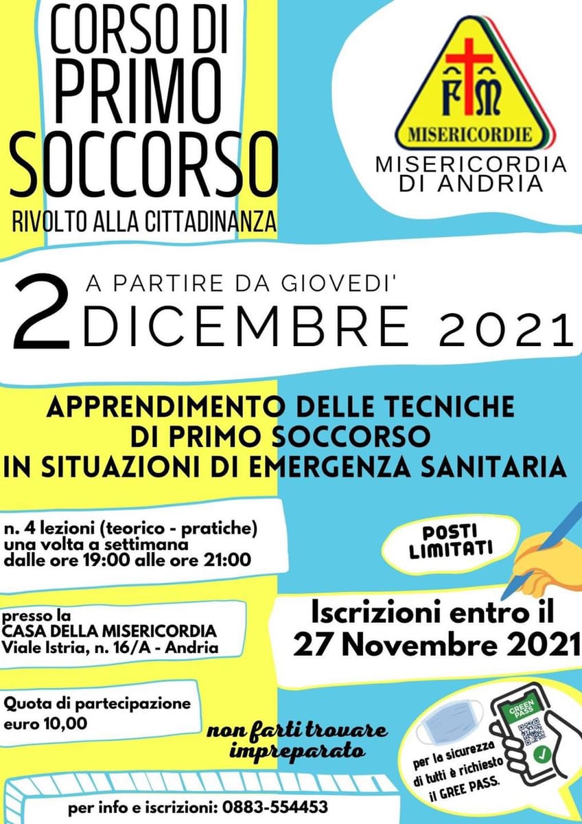 Locandina Corso di Primo Soccorso Confraternita di Misericordia di Andria 2021