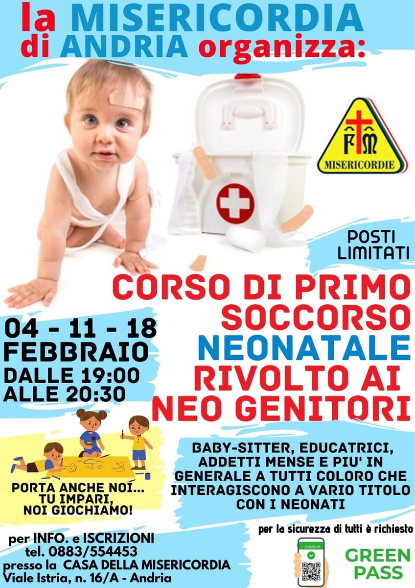 Locandina Corso di primo soccorso neonatale Misericordia Andria 2022