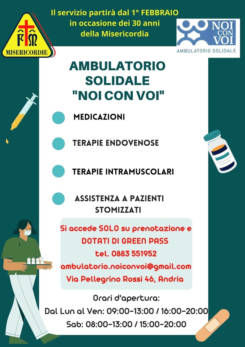 Locandina nuovi servizi Ambulatorio Solidale Noi con Voi Misericordia di Andria