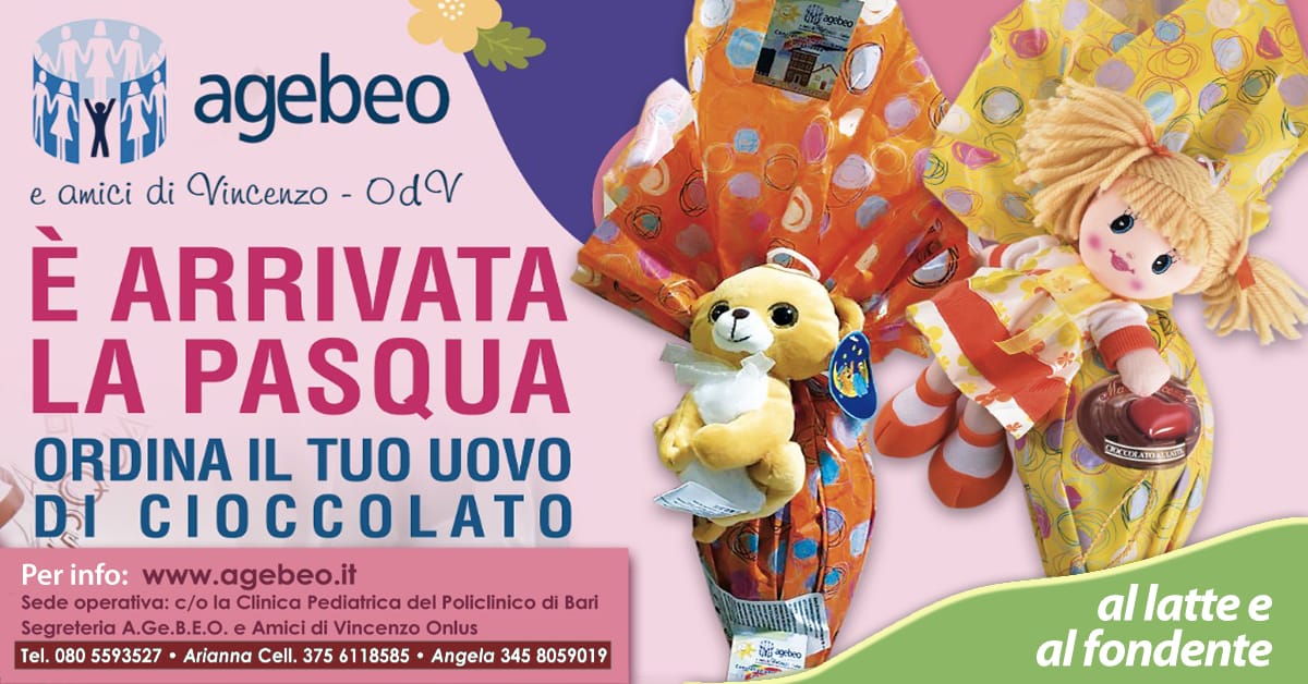 Banner Sostieni A.Ge.B.E.O. e fai del bene! Prenota le Uova e le Colombe pasquali