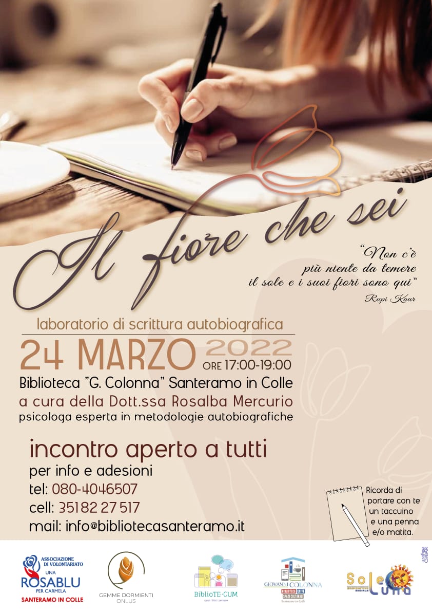 Locandina Il fiore che sei laboratorio scrittura autobiografica Una Rosa blu per Carmela