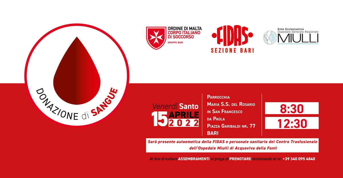 Banner donazione sangue CISOM FIDA Bari Centro Trasfusionale Ospedale Miulli Acquaviva delle Fonti