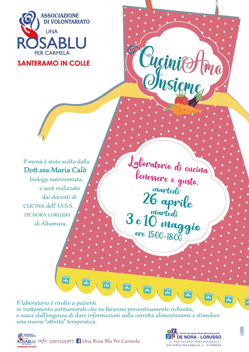 Locandina CuciniAMO Insieme laboratorio pazienti oncologici Una Rosa Blu per Carmela