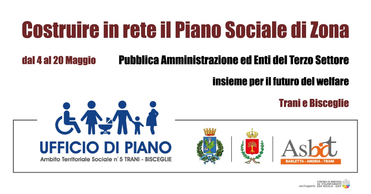 Banner Costruire in rete il Piano Sociale di Zona Ufficio di Piano Ambito Territoriale n° 5 Trani Bisceglie