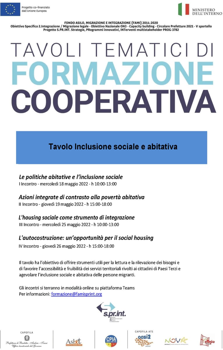 Locandina FAMI SPRINT Tavoli tematici Inclusione sociale e abitativa