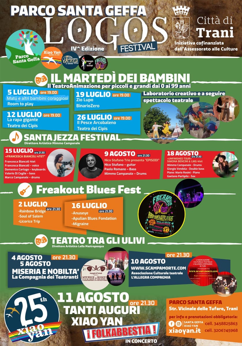 Locandina 4ª edizione Logos Festival Parco Santa Geffa Trani Xiao Yan