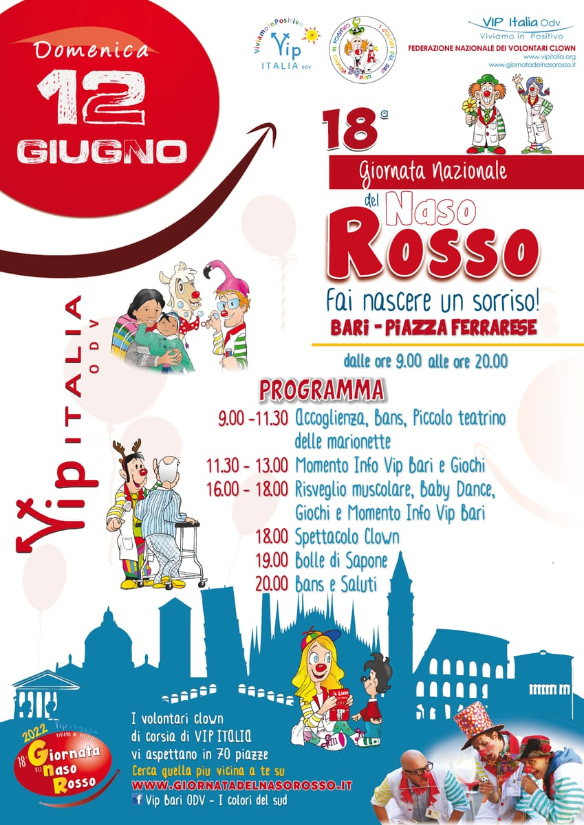 Locandina Clown Viviamo in Positivo Bari ODV I colori del sud Giornata del Naso Rosso 2022 Bari