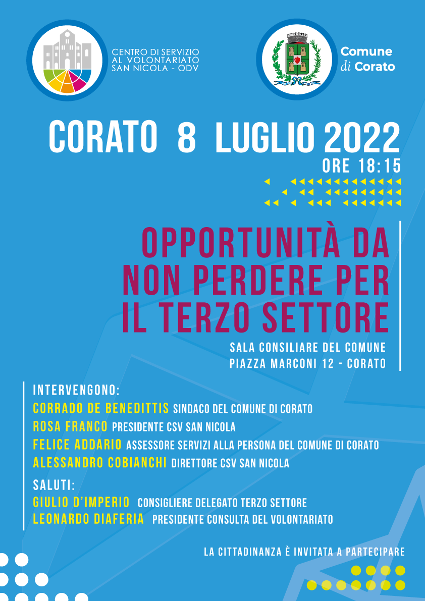 Locandina Opportunità da non perdere per il Terzo settore Comune di Corato CSV San Nicola