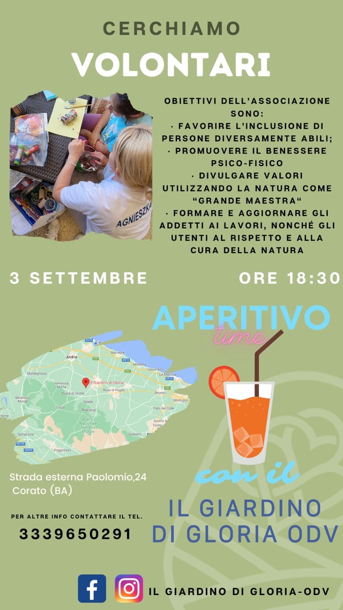 Locandina Aperitivo aspiranti volontari Corato Il Giardino di Gloria OdV
