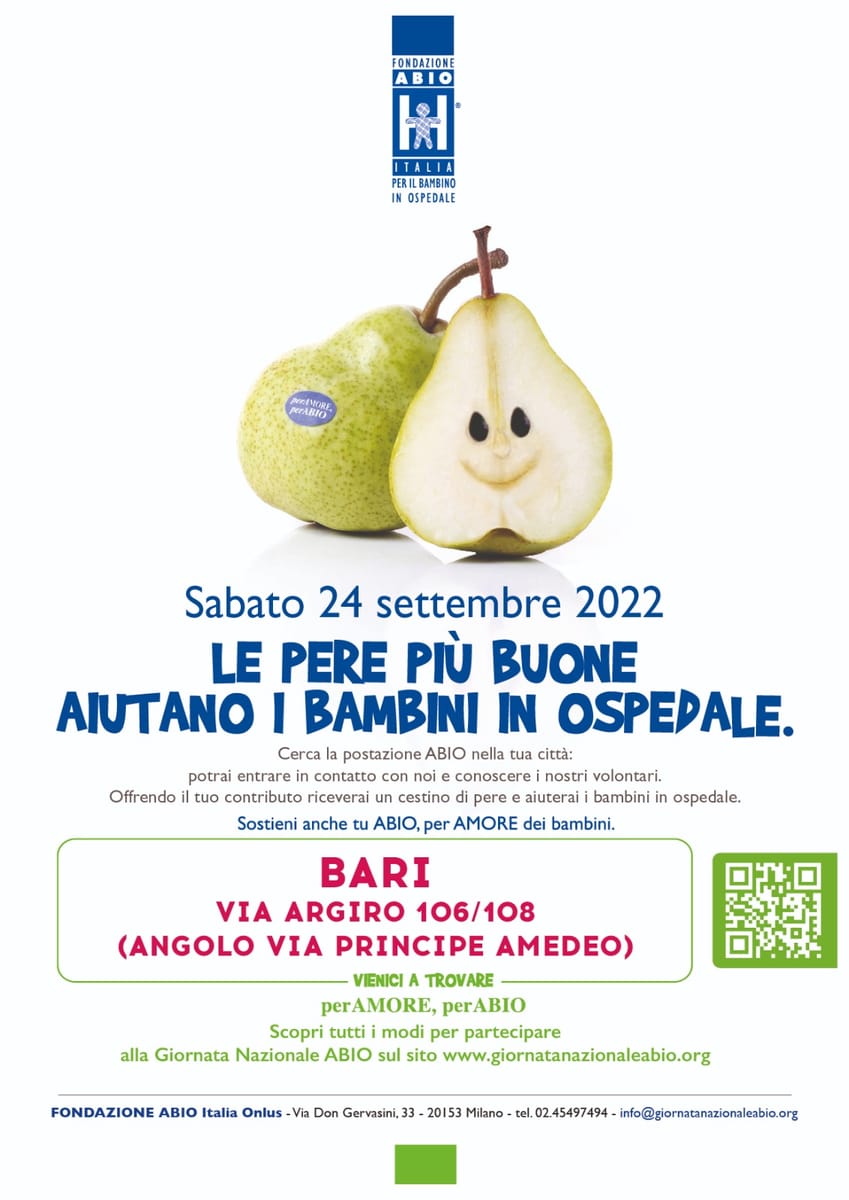 Locandina Giornata ABIO 2022 le pere aiutano i bambini in ospedale