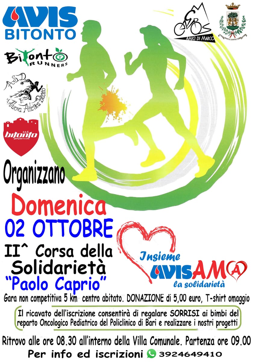Locandina corsa della Solidarietà Paolo Caprio AVIS Bitonto 2022