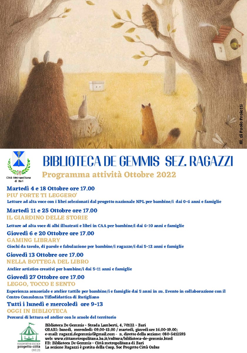 Locandina Programma Ottobre Biblioteca De Gemmis Ragazzi 2022
