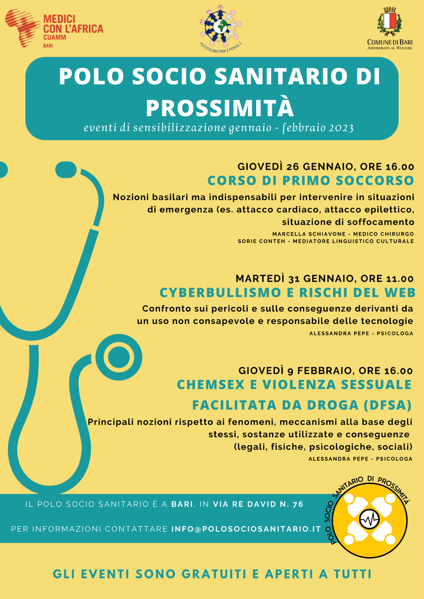 Locandina eventi Polo socio-sanitario prossimità Bari Gennaio Febbraio 2023