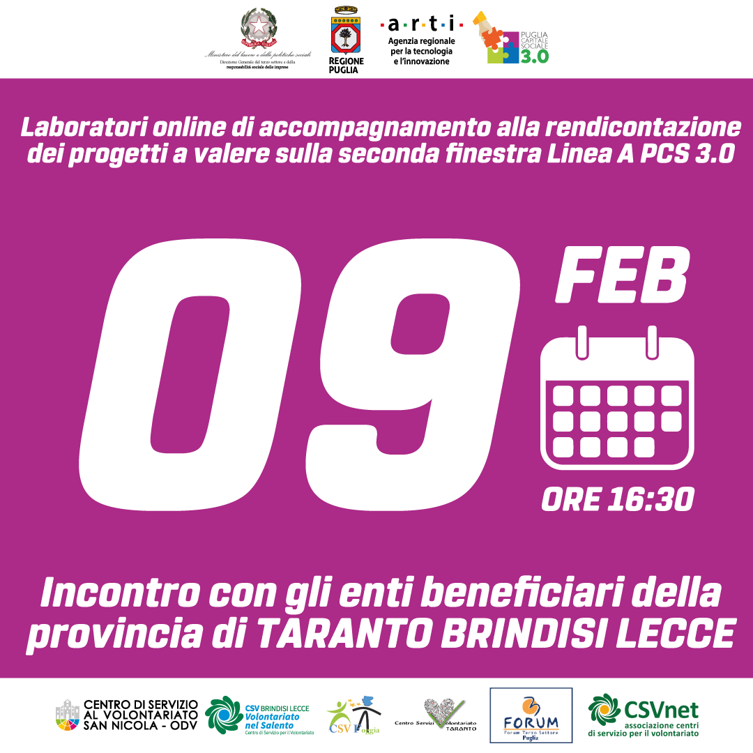 9 febbraio Laboratori on line per gli enti beneficiari seconda finestra Linea A di Puglia Capitale Sociale 3.0