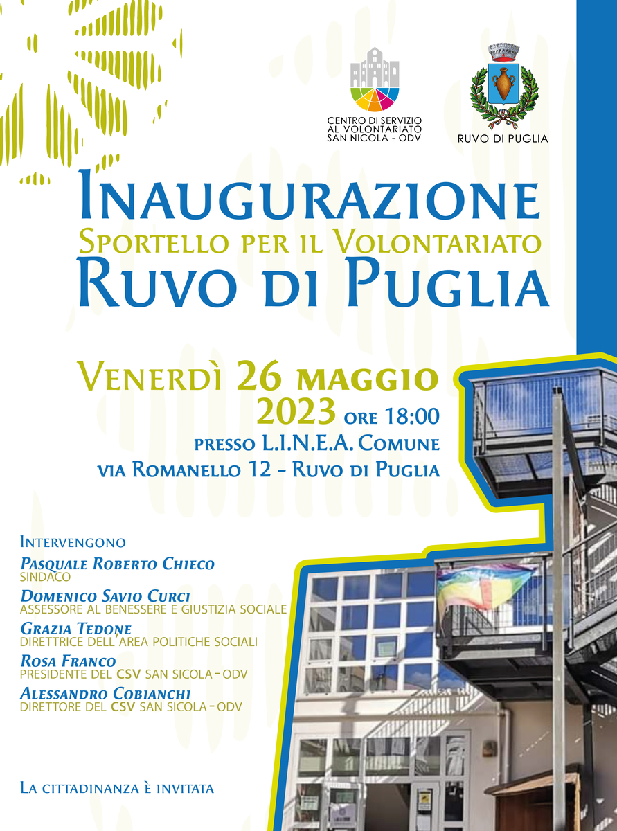 Locandina inaugurazione Sportello volontariato Ruvo di Puglia CSV San Nicola