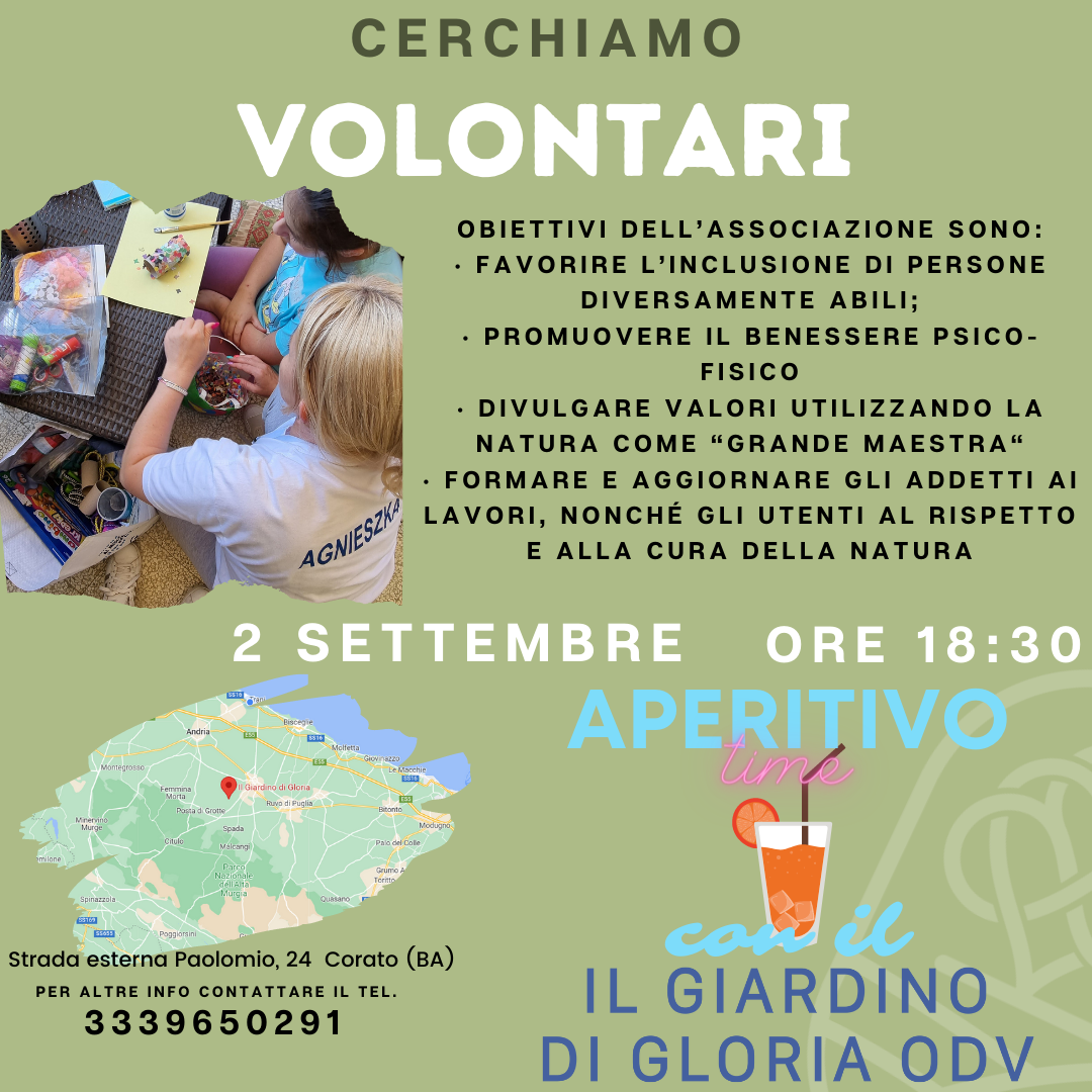 Aperitivo gratuito per aspiranti volontari Corato Giardino di Gloria