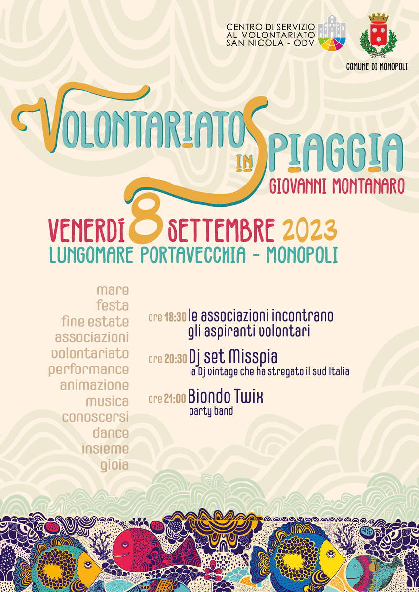 Locandina Volontariato in Spiaggia 2023 CSV San Nicola Monopoli 8 Settembre