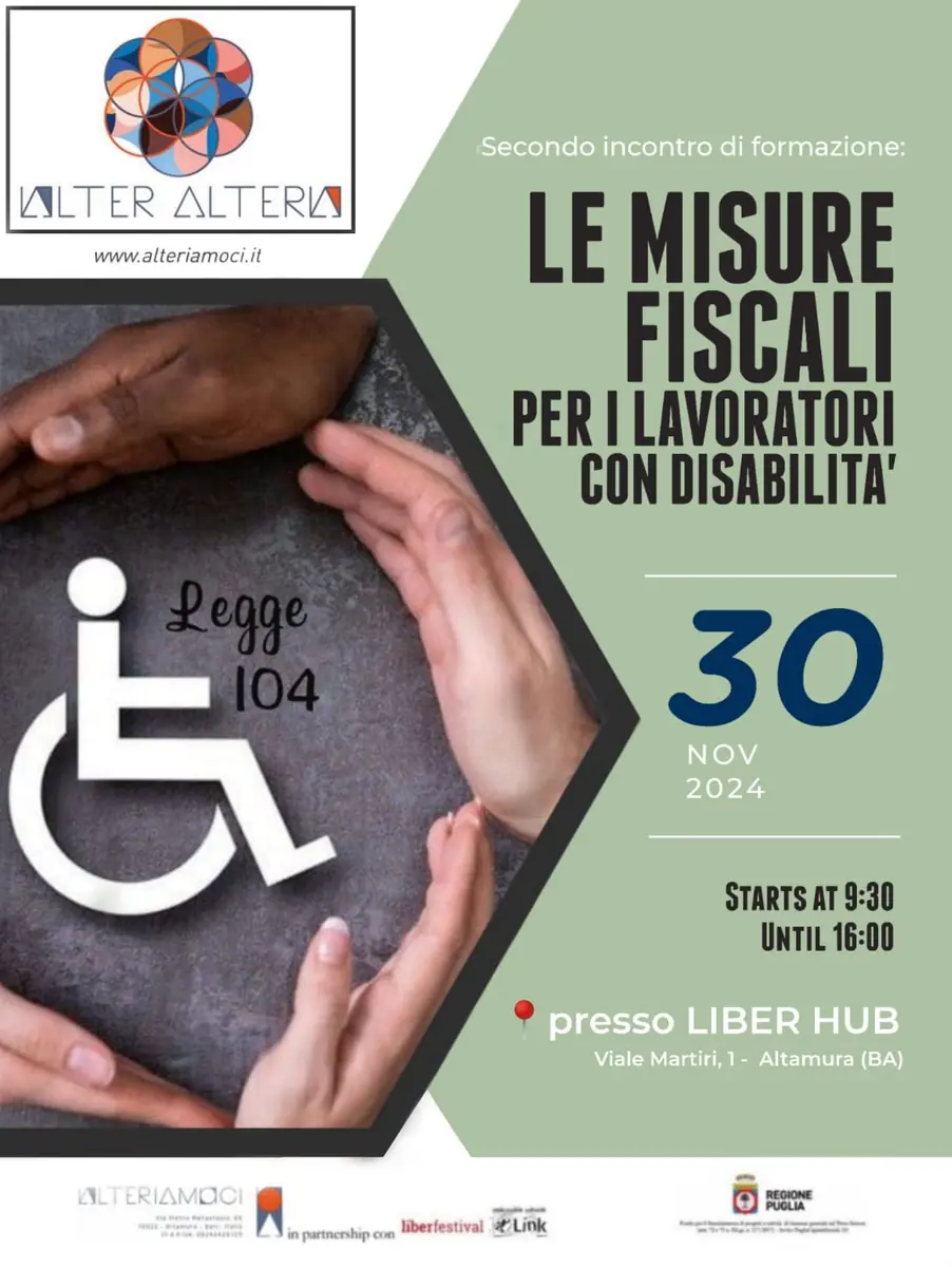 Tra Novembre 2024 e Gennaio 2025, l'associazione Alteriamoci propone alle aziende del territorio “Incontri di formazione sull’inclusione e l’inserimento lavorativo delle persone con disabilità”, presso il Liber Hub in viale Martiri 1799 n° 1 ad Altamura.