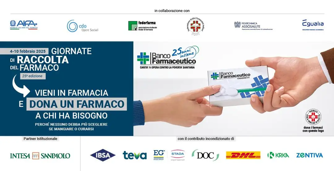 La 25ª edizione della Giornata di Raccolta del Farmaco della Fondazione Banco Farmaceutico - ETS si tiene dal 4 al 10 Febbraio 2025 e coinvolge, in Puglia, centinaia di volontari impegnati nella raccolta di farmaci che saranno destinati alle realtà benefiche del territorio. All’iniziativa aderiscono 370 farmacie pugliesi di cui 175 nelle province di Bari e BAT.