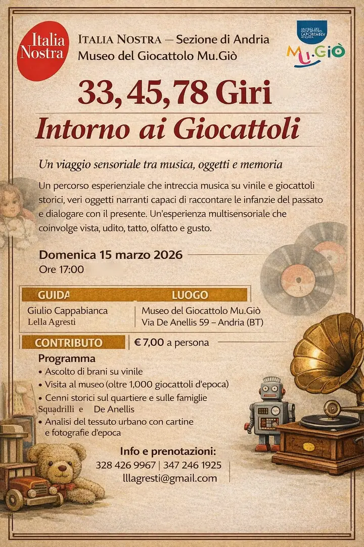 Domenica 15 Marzo 2026 dalle 17:00 alle 19:00, Laportablu - APS organizza“33, 45, 78 Giri Intorno ai giocattoli”, visita guidata al Mu.giò - Museo del Giocattolo in via Domenico de Anellis 59 ad Andria. Posti limitati, info e prenotazioni: 328 42 69 967.