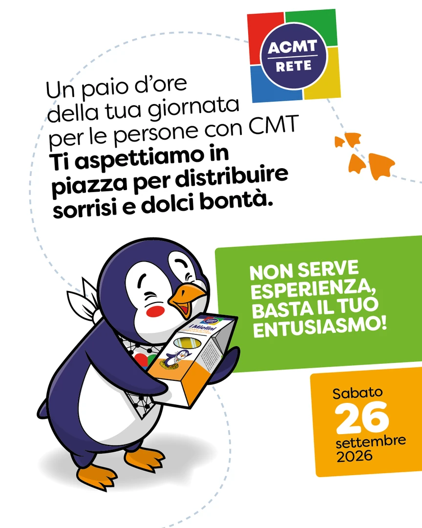 In occasione dell'iniziativa nazionale “Giornata della CMT”, ACMT rete per la Charcot-Marie-Tooth - OdV invita volontarie, volontari e associazioni a aderire gratuitamente all'edizione di Bari dell'evento che si terrà sabato 26 Settembre 2026, in piazza Giuseppe Massari.
