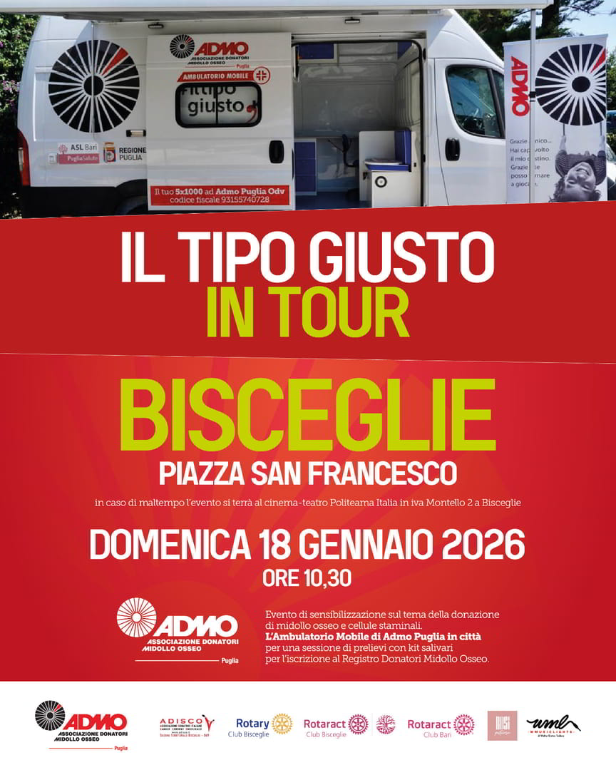 Domenica 18 Gennaio 2026 dalle 10:30, Adisco Bisceglie, in collaborazione con Rotaract e Admo, organizza un evento di informazione e sensibilizzazione rivolta ai giovani dai 18 ai 35 anni per l’iscrizione al Registro dei Donatori di cellule staminali, in piazza San Francesco a Bisceglie.