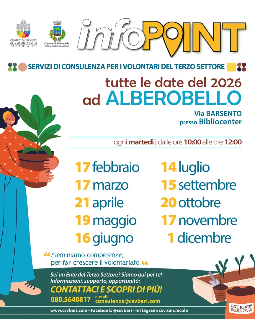 Calendario 2026 Alberobello Info point Centro di Servizio al Volontariato San Nicola ETS