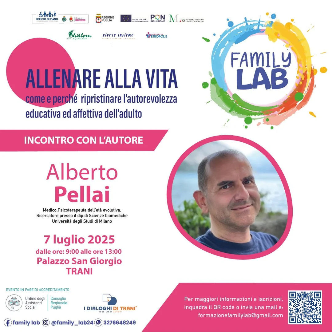 Lunedì 7 Luglio 2025 alle 8:30, l'Ufficio di Piano dell'Ambito Territoriale Sociale n° 5 Trani - Bisceglie organizza il convegno “Allenare alla vita: come e perché ripristinare l'autorevolezza educativa e affettiva dell'adulto”, incontro con l'autore Alberto Pelai, medico psicoterapeuta dell'età evolutiva, ricercatore Dipartimento Scienze biomediche Università degli Studi di Milano, presso Palazzo San Giorgio a Trani.
