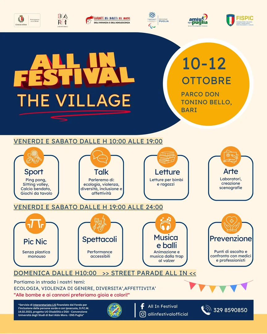 Dal 10 al 12 Ottobre 2025, Zerobarriere Società Cooperativa Sociale organizza “All In Festival The Village” presso il Parco Don Tonino Bello di Bari.