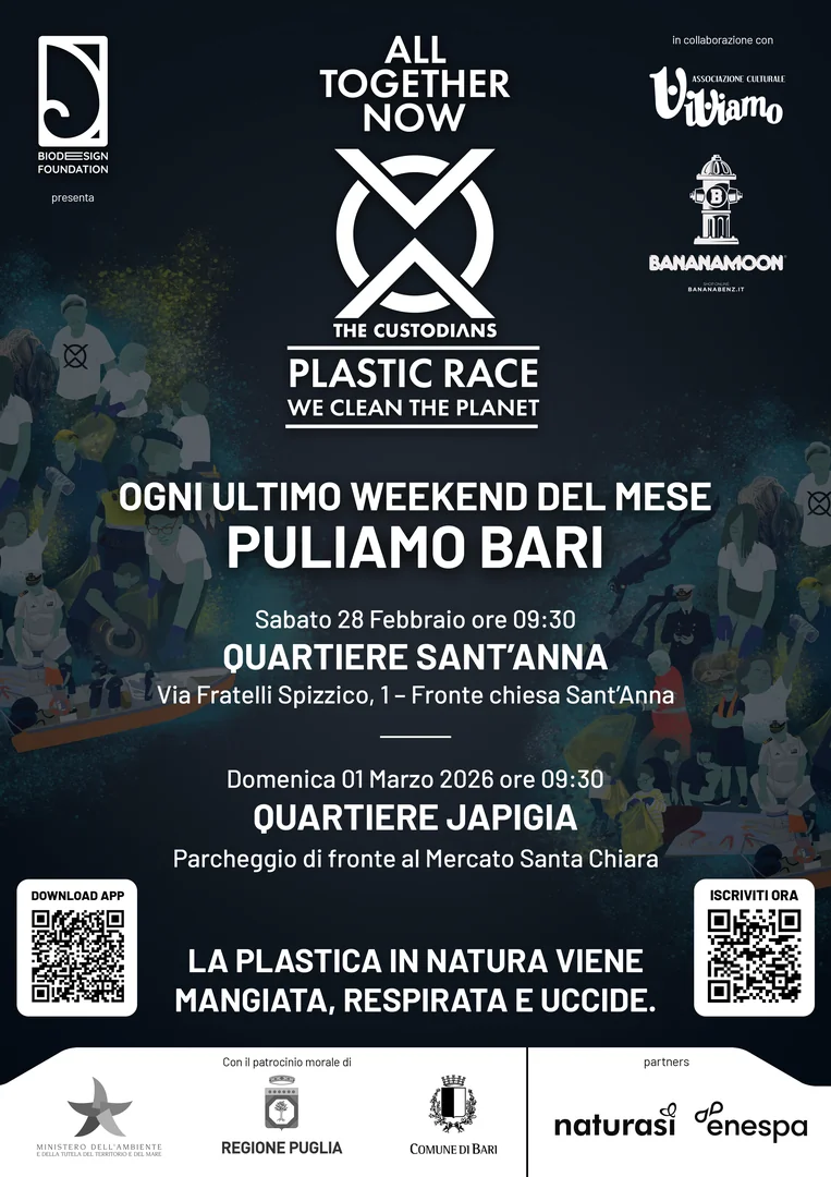 BioDesign Foundation promuove “All Together now” - The Custodians Plastic Race, un'attività di clean up ambientale su tutto il territorio italiano che ha già permesso di raccogliere oltre 1.000.000 kg di plastica e reti da pesca. Il progetto prevede lo svolgimento di piccoli clean up locali in diversi capoluoghi di regione, fino a Maggio 2026, quando si svolgerà l'evento di clean up nazionale. I prossimi clean-up si svolgono sabato 28 Febbraio 2026 alle 9:30 in via Fratelli Spizzico 1 a Bari (fronte Chiesa Sant'Anna) e domenica 1 Marzo 2026 alle 9:30 nel parcheggio di fronte al Mercato Santa Chiara di Bari (quartiere Japigia).