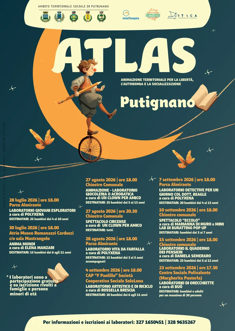Dal 28 Luglio al 23 Settembre 2026, l’Ambito Territoriale Sociale di Putignano, in collaborazione con il Centro Servizi per le Famiglie, Medihospes e Cooperativa Atlas, promuove ATLAS – Animazione Territoriale per la Libertà, l’Autonomia e la Socializzazione, laboratori ed eventi gratuiti rivolti a minori dai 3 ai 13 anni e alle loro famiglie, ospitati in diversi luoghi di incontro della città.
