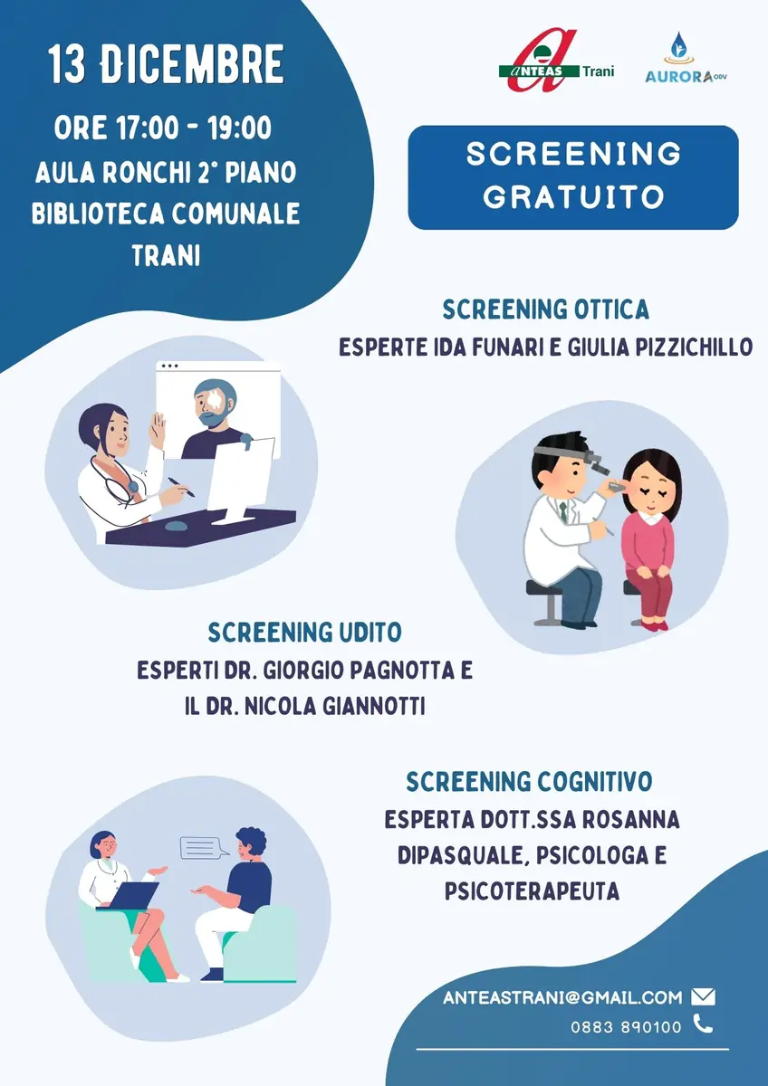 Venerdì 13 Dicembre 2024 dalle 17:00 alle 19:00, Anteas - Trani APS, in collaborazione con l'Associazione Aurora, invita la comunità a un evento speciale dedicato alla salute della vista, dell’udito e al benessere cognitivo, nell'Aula Ronchi della Biblioteca Comunale di Trani (2° piano).